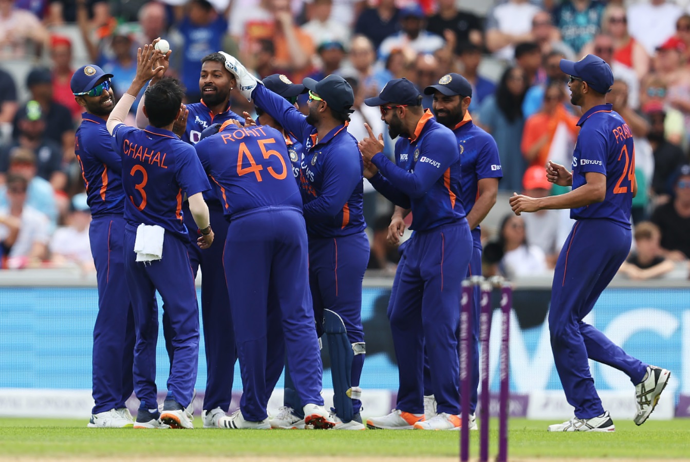 Hardik Pandya celebrating one of his four wickets in Manchester.