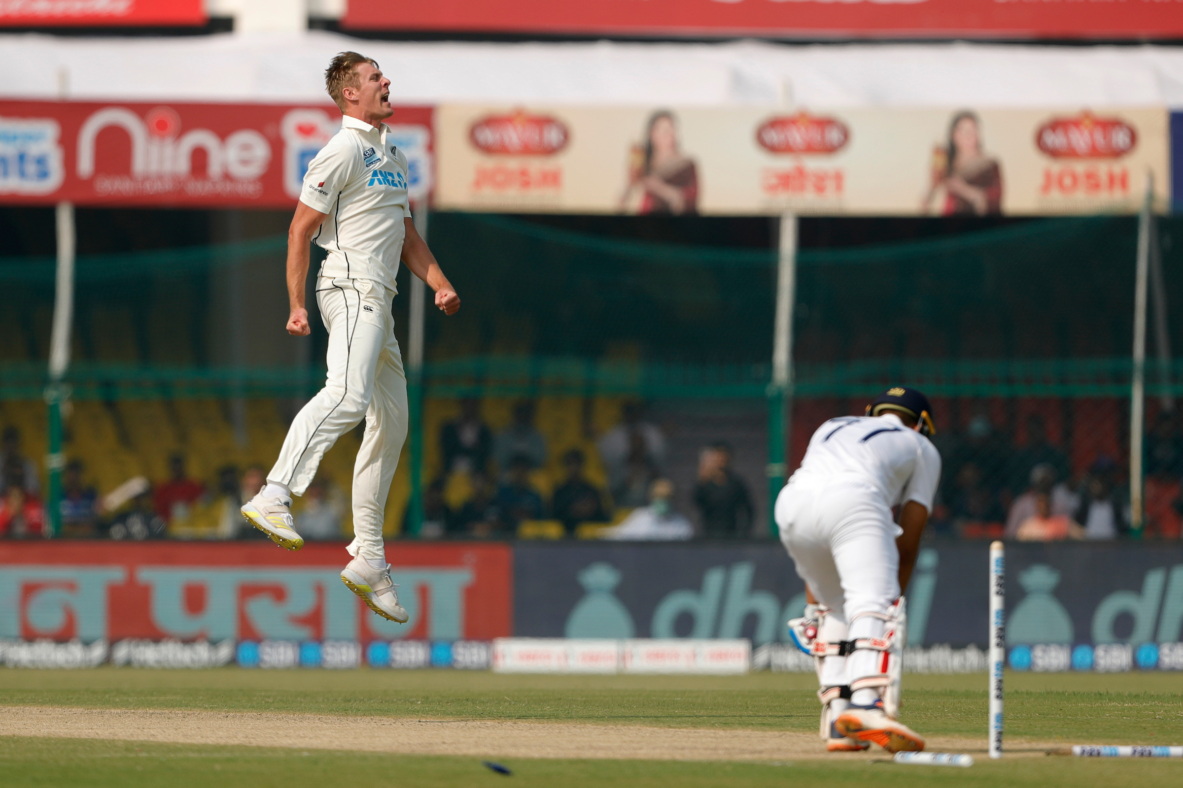 Kyle Jamieson celebrates after shattering Shubman Gill's stumps