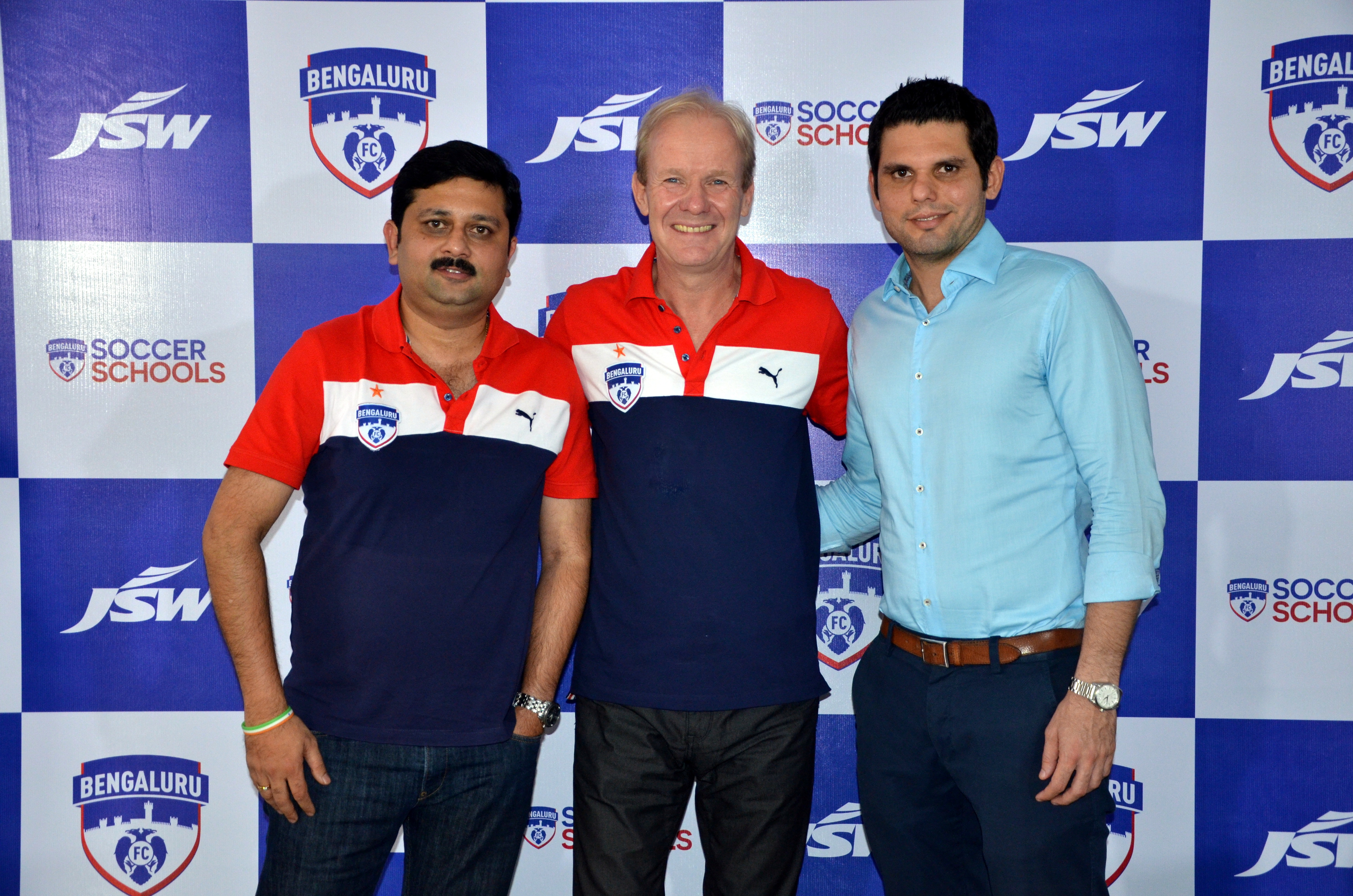 Bengaluru FC Chief Technical Officer Mandar Tamhane, Head of Youth Development John Kila and Chief Operating Officer Mustafa Ghouse at the press conference held at the Bangalore Football Stadium, in Bengaluru, on Wednesday.
