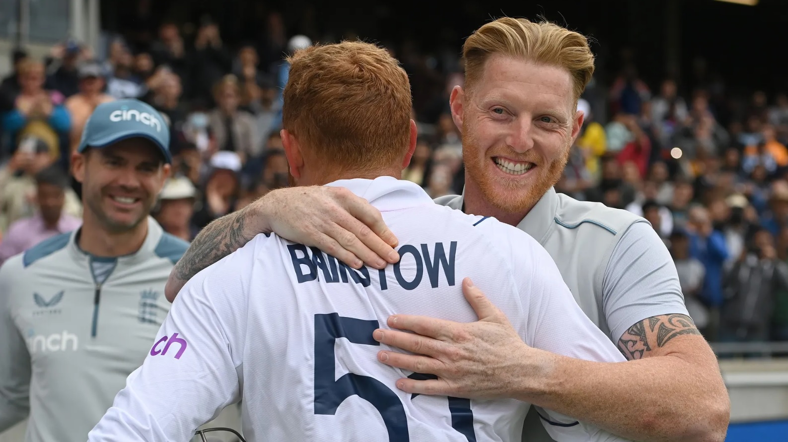 Ben Stokes congratulating Jonny Bairstow after England's Edgbaston Test win vs India.