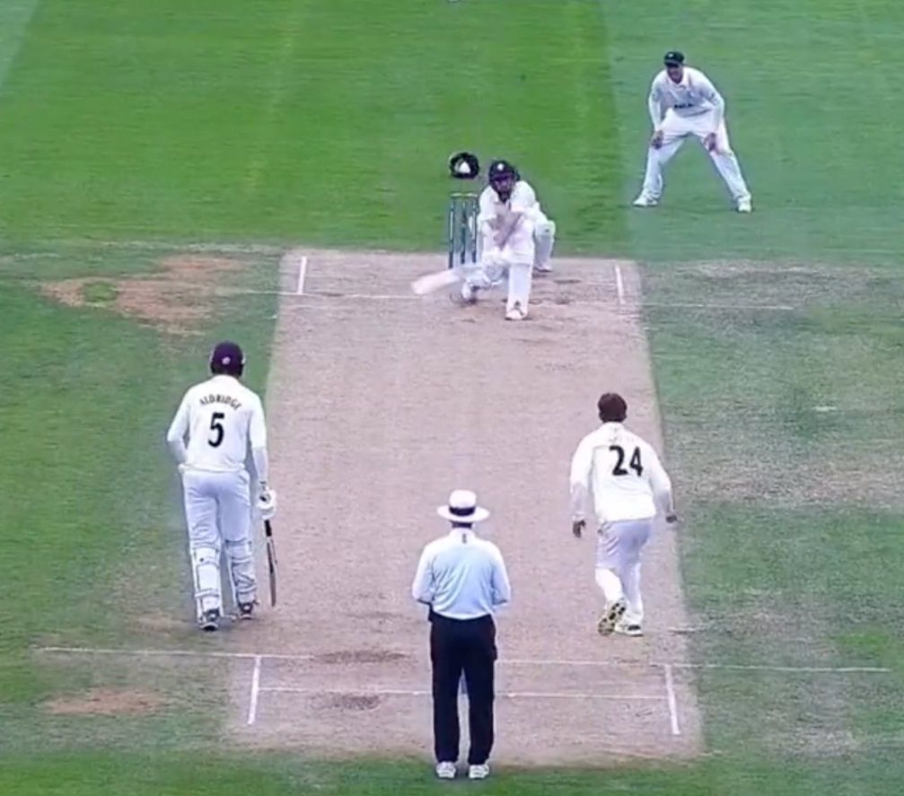 Somerset’s Jack Leach pulls off an audacious reverse sweep for six in County Championship.