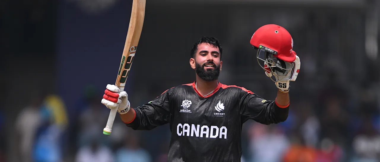 Canada opener Yuvraj Samra exults after scoring his maiden T20I century against New Zealand in the T20 World Cup 2026 match in Chennai.