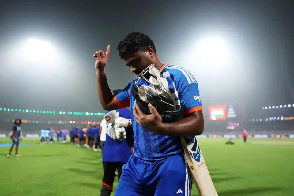 Sanju Samson winning the POTM award at the match between India and West Indies.