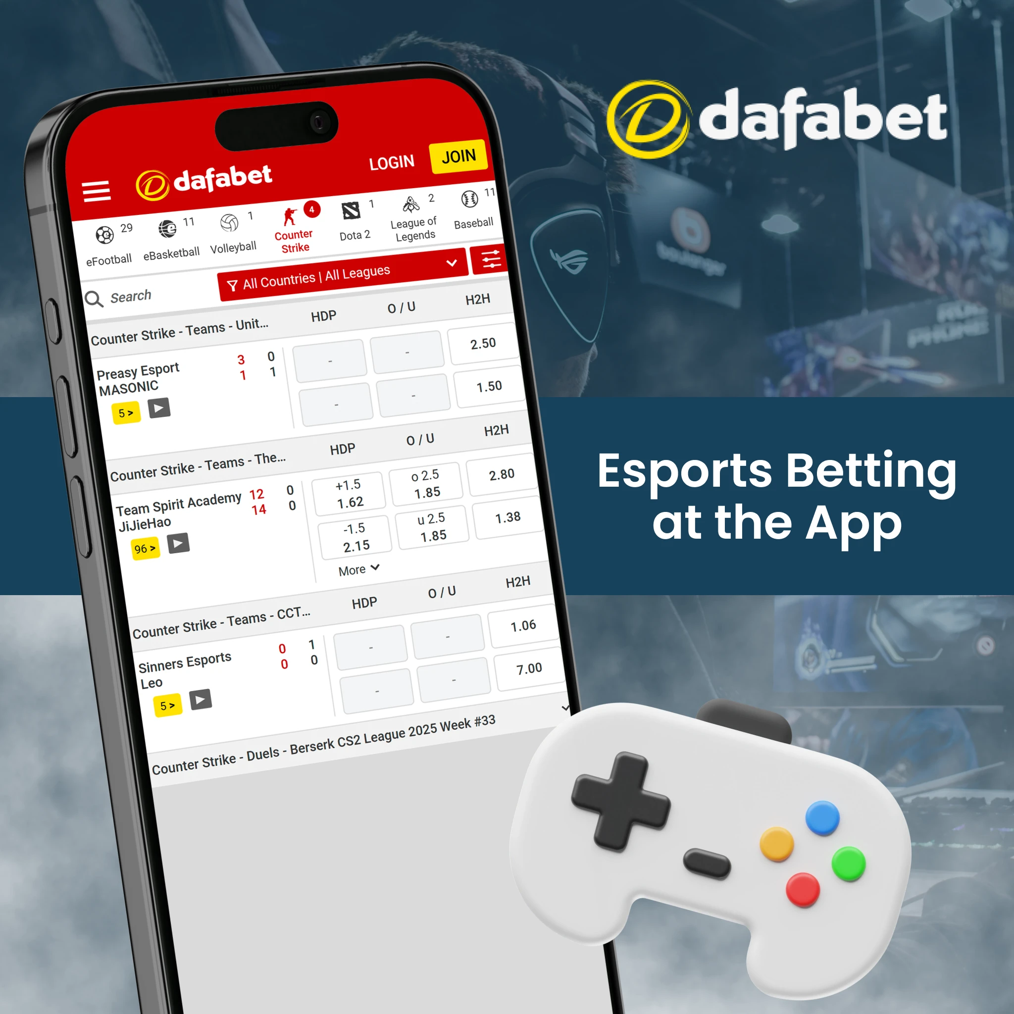 The Dafabet app offers a thrilling esports betting section with popular games.