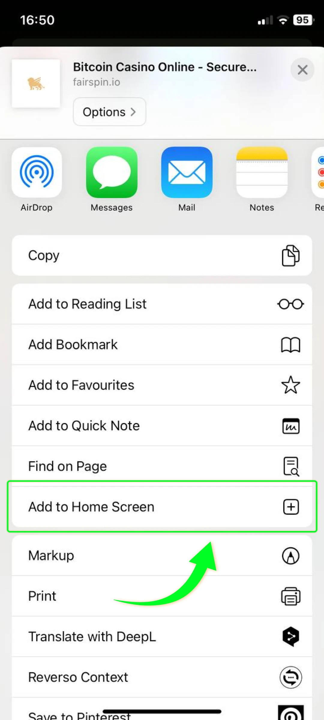 Choose “Add to Home Screen” from the options shown.