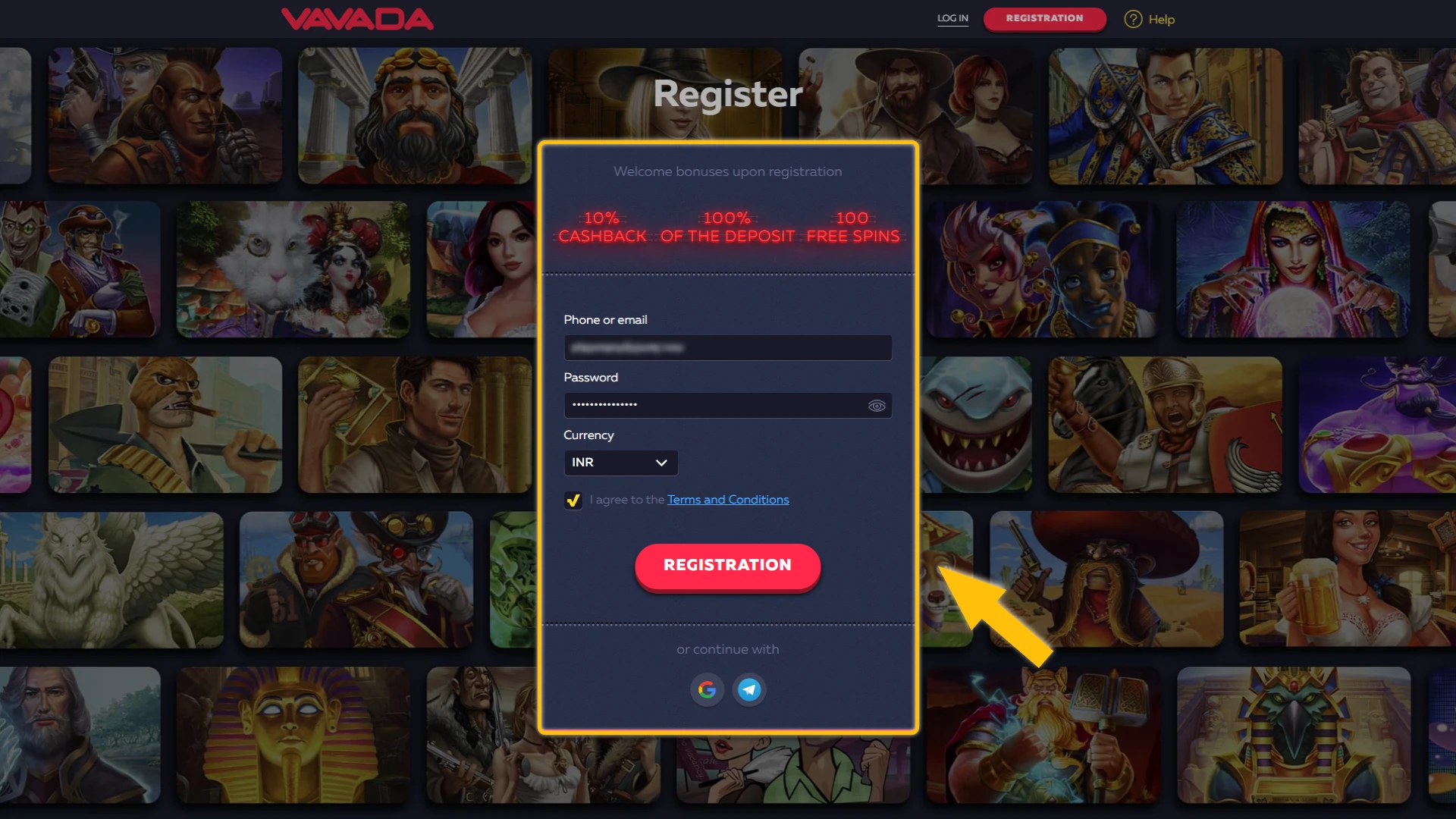 Vavada registration form.
