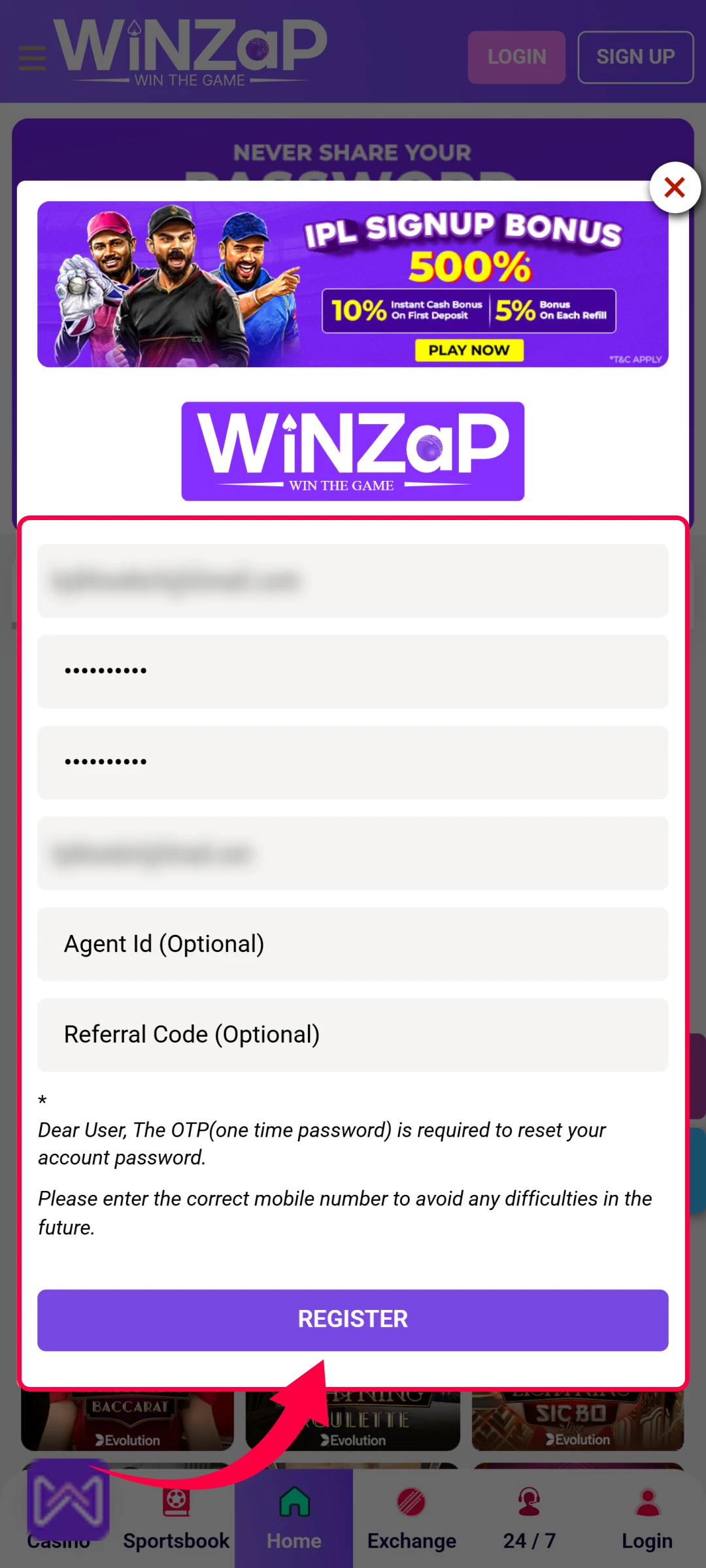 Fill in the first registration form with name, number, and email.